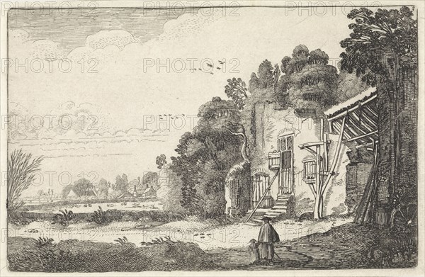 Woman with child in a ruined house, print maker: Jan van de Velde II, 1616