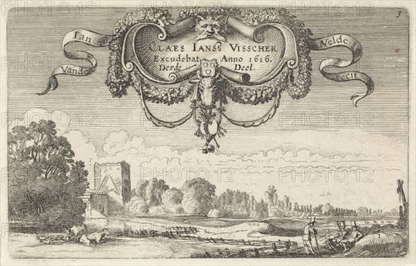 Resting figures in a landscape with cows and a tower, print maker: Jan van de Velde II, Claes Jansz. Visscher II, 1616