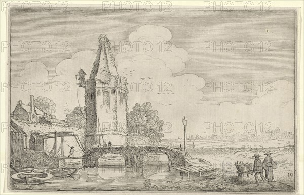 Landscape with a tower and a bridge over the River Niers, Jan van de Velde (II), 1616