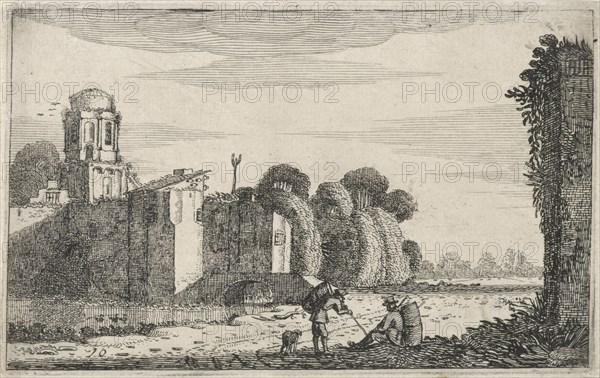 Two figures at a ruin at a bridge, Jan van de Velde (II), 1616
