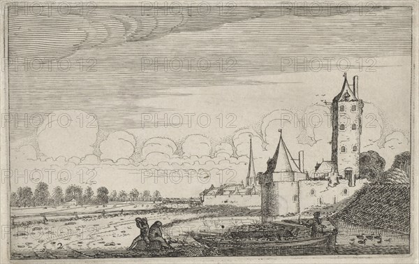 Figures on a boat in a castle, Jan van de Velde (II), 1616