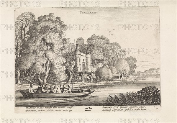Landscape with figures in a barge: September Jan van de Velde (II), 1608-1618, print maker: Jan van de Velde II, Reinier Telle, 1608 - 1618 and or 1630 - 1699