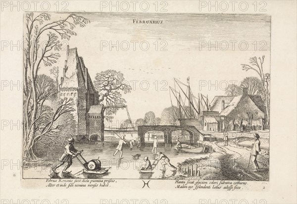 Winter Landscape with Skaters and figures with sleds on the ice, depicting the month of February, the astrological symbol of the constellation fish, print maker: Jan van de Velde (II), Dating 1608 - 1618 and/or 1630 - 1699