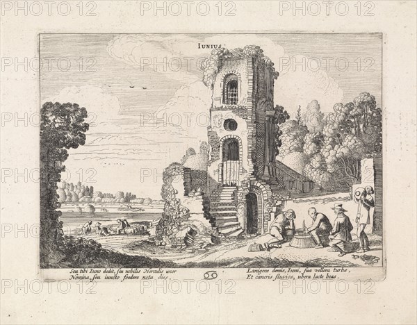 Landscape with a ruined tower: june, Jan van de Velde (II), 1608 - 1618