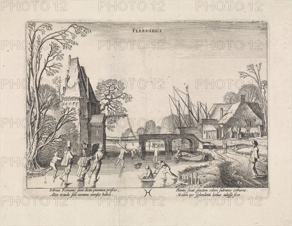 Winter Landscape with Skaters on the ice, depicting the month of February, at the bottom of the astrological symbol of the constellation fish, print maker: Jan van de Velde (II), Dating 1608 - 1618
