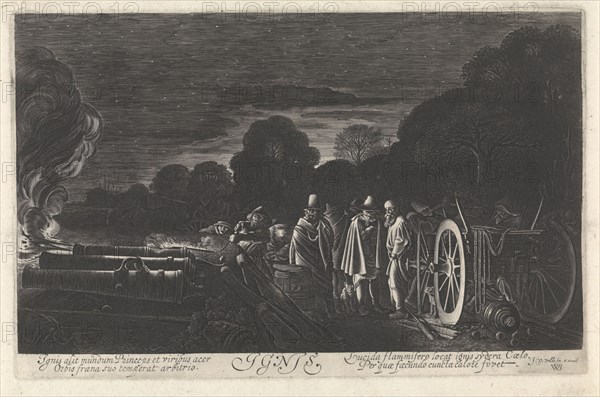 Landscape with soldiers firing guns at night, representing the fire element, representations of one of the four elements, print maker: Jan van de Velde (II) (mentioned on object), Dating 1603 - 1641