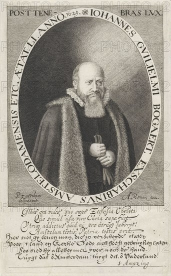 Portrait of Jan Bogaert Willemsz, print maker: Jan van de Velde II, Pieter Jansz. Saenredam, Samuel Ampzing, 1629