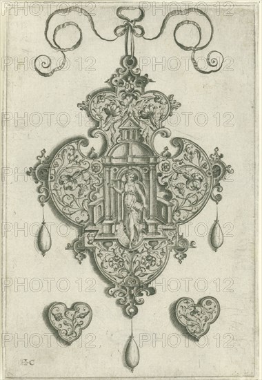 Front of a pendant (pendeloque), In the center a niche with a dome, In the niche the personification of Faith (Fides), a woman standing with a book in his left hand, a costume ornament, print maker: H. Collaert, Dating c. 1585 - before 1599