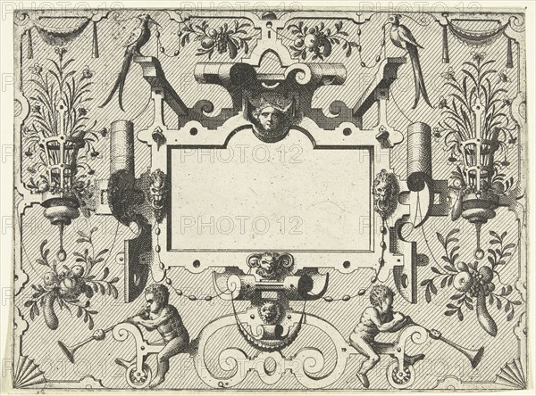 Cartouche surrounded by grotesques, with left and right a basket with flowers, Johannes or Lucas van Doetechum, Hans Vredeman de Vries, Hieronymus Cock, c. 1555 - c. 1560