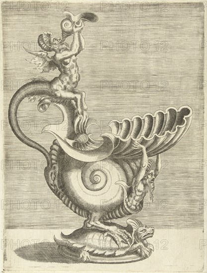 Jug in the form of a snail shell with a spout in a clamshell design, Balthazar van den Bos, Cornelis Floris (II), Hieronymus Cock, 1548