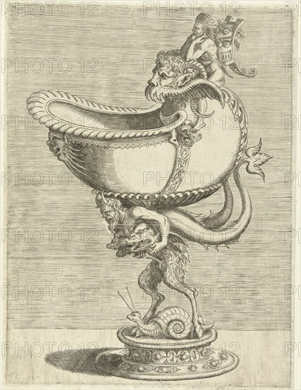Nautilus Goblet, resting on the back of a satyr, Balthazar van den Bos, Cornelis Floris (II), Hieronymus Cock, 1548