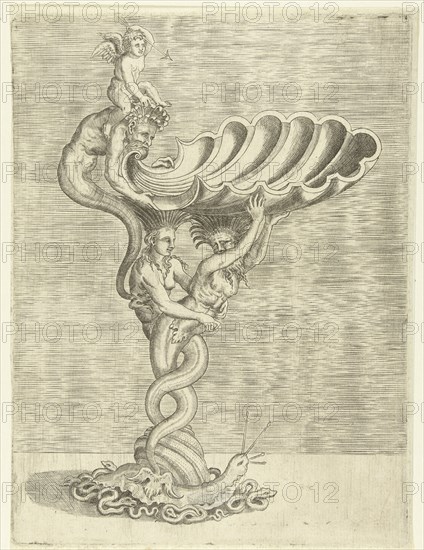 Scale in the form of a shell, supported by a mermaid and a merman, Balthazar van den Bos, Cornelis Floris (II), Hieronymus Cock, 1548