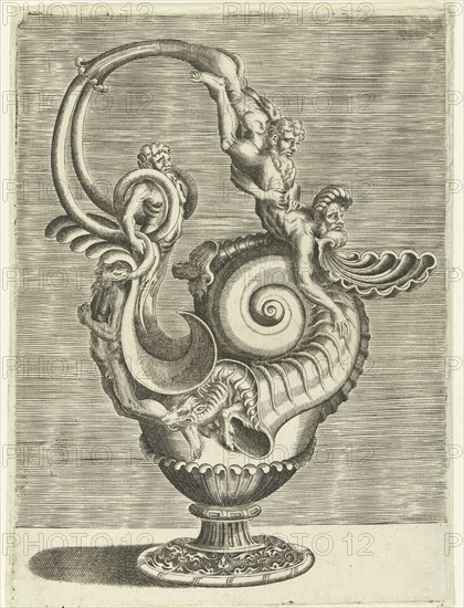 Jug in the form of a volute, print maker: Balthazar van den Bos, Cornelis Floris II, Hieronymus Cock, 1548