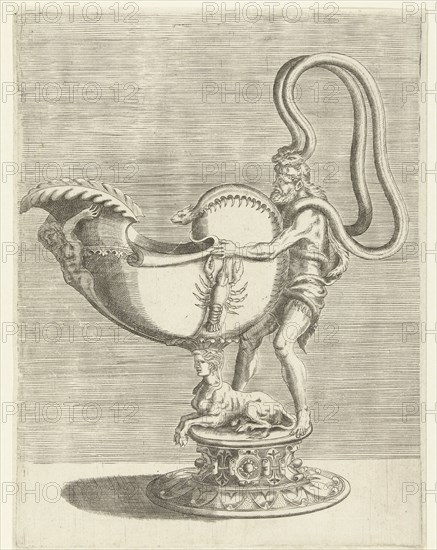 Nautilus Trophy with a lobster on the belly, print maker: Balthazar van den Bos, Cornelis Floris II, Hieronymus Cock, 1548