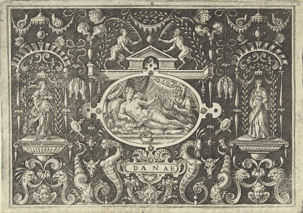 Cartouche with the presentation of Danae, lying on a canopy bed, Jupiter descends on her like a rain of gold, the cartridge is mounted in a frame ornament with grotesques and allegorical female figures, against a shaded background, print maker: Abraham de Bruyn, Dating 1584