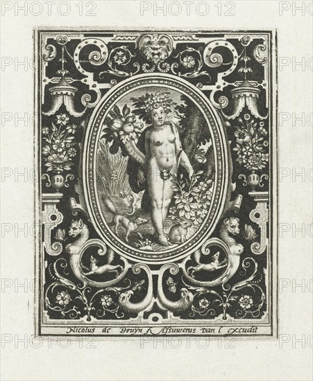 Element earth as a young woman with cornucopia and rosebush in picture frame with ornaments, Nicolaes de Bruyn, Assuerus van Londerseel, 1581 - 1656