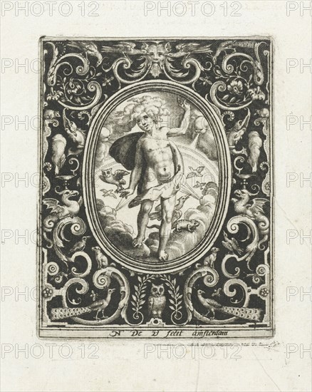 The element of air as a young man standing on clouds with owl on his hand and flying birds behind him, from the four wind directions blow the winds, print maker: Nicolaes de Bruyn (mentioned on object), Dating 1581 - 1656