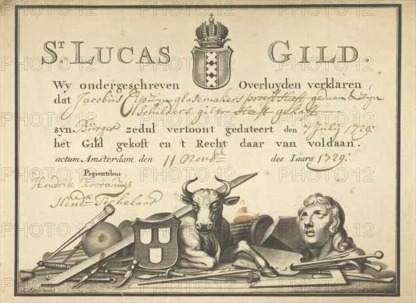 Guild Letter of the Guild of St. Luke in Amsterdam, The Netherlands, Johannes de Broen, c. 1700 - c. 1729