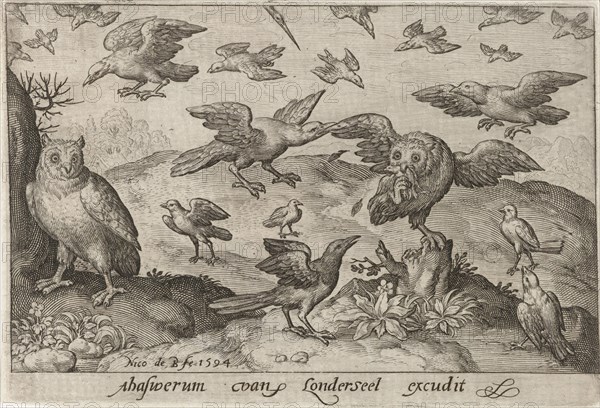 Owl with prey attacked by other bird, Nicolaes de Bruyn, 1594