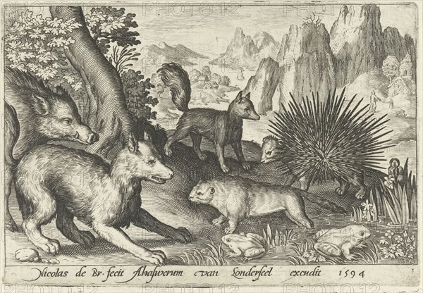 Wild boar, fox, beaver, porcupine in Frogs, Nicolaes de Bruyn, 1594