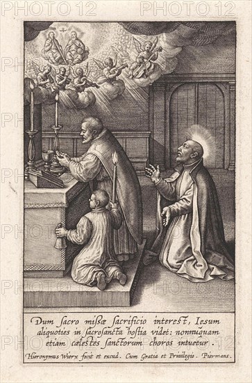 Ignatius Loyola has a vision of the Trinity, print maker: Hieronymus Wierix, 1611 - 1615
