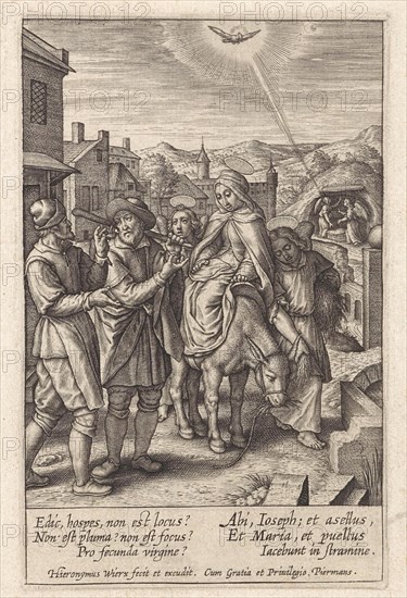 Joseph and Mary are refused at the inn, print maker: Hieronymus Wierix, 1563 - before 1619