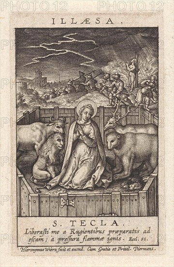 St. Thecla of Iconium surrounded by a lion, a bear, a bull and a deer, in the background she is on a mountain on a pole tied by soldiers, print maker: Hieronymus Wierix (mentioned on object), Dating 1563 - before 1619
