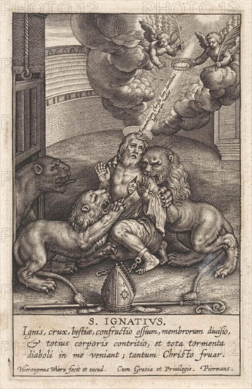 In an amphitheater, St. Ignatius, third bishop of Antioch, torn by lions, at its heart the monogram of Christ, "IHS", in the foreground, his crosier, two little angels bring him palm branches and a laurel wreath, print maker: Hieronymus Wierix (mentioned on object), Dating 1563 - before 1619