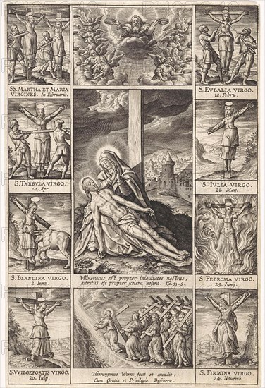 Pieta surrounded by scenes of crucified martyrs, Hieronymus Wierix, 1597 - 1619