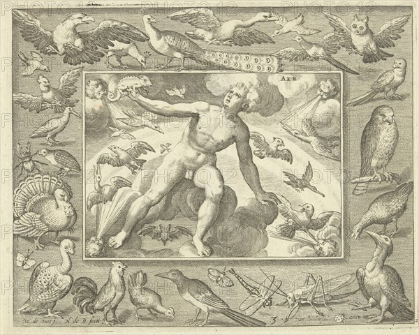 Element air as a young man on clouds between flying birds, print maker: Nicolaes de Bruyn, Maerten de Vos, 1581 - 1656