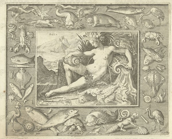 Element water as naked woman sitting near a well with fish, water flowing from her breasts, in frame fish, otter, seal, spoonbill, turtle and shellfish, print maker: Nicolaes de Bruyn (mentioned on object), Dating 1581 - 1656
