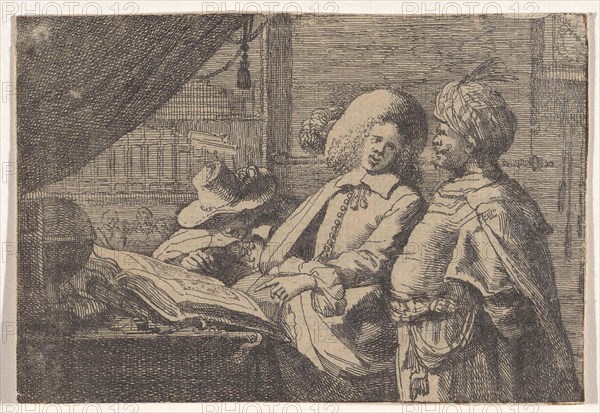 Three men around a book in an office, Anonymous, 1600-1700