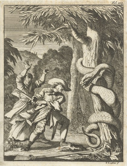 Giant Serpent, wound around a tree, attacked by a man with ax, Caspar Luyken, Willem van de Water, 1694