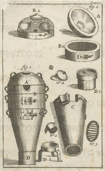 Distillation device and different parts thereof separately, print maker: Jan Luyken, Jan Claesz ten Hoorn, 1693