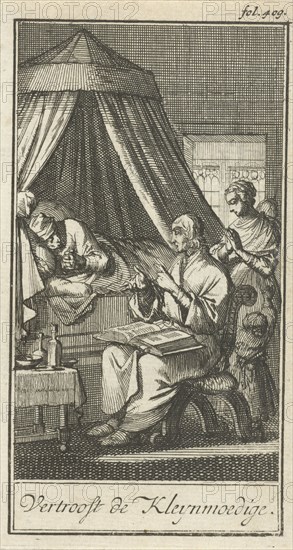 Praying figures at the bedside of a sick person, Jan Luyken, Barent Bos, 1693