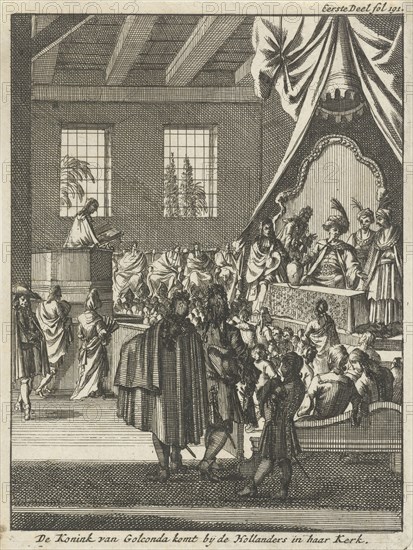 King of Golkonda visiting Dutch in their church, India, Jan Luyken, Jan Claesz ten Hoorn, 1693