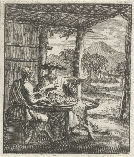 Hermit and his visitor sit in an open cabin at a table, print maker: Jan Luyken, Aart Wolsgrein, 1693
