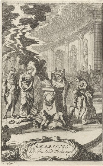Amaryllis in a temple near the body of Damon, who was killed by lightning, Caspar Luyken, erven Jacob Lescailje, 1693