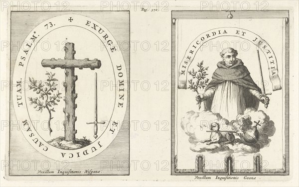 Medallion with cross of knotty wood, St. Dominic with sword and olive branch in hand, Jan Luyken, Henricus Wetstein, 1692