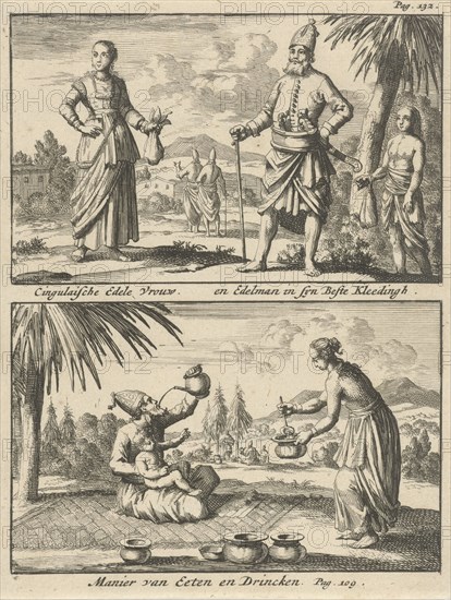 Sinhalese nobleman and noblewoman, way of eating and drinking of the Sinhalese, Jan Luyken, Willem Broedelet, 1692