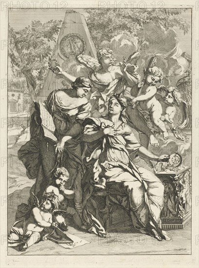 Two allegorical female figures surrounded by angels in front of a memorial, Caspar Luyken, 1691