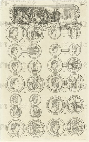 King Demetrius II Nicator taking away the sign of dignity from the imprisoned Alexander Theopater; below which eight medals can be seen, print maker: Jan Luyken, Dating 1690