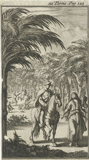 Road from Agra to Delhi approached by a female member of a gang of robbers India, Jan Luyken, Charles Angot, 1689