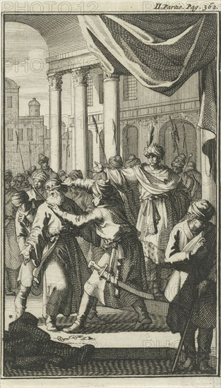 Cruelty of shah Sefi, which shows a young man cut off his father's ears and nose, print maker: Jan Luyken, Charles Angot, 1689