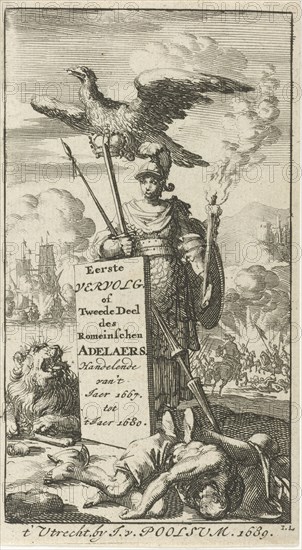 Bellona armed with sword and spear, above her an eagle flies with a crown in its clutches, Jan Luyken, Jurriaen van Poolsum, 1689