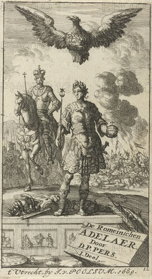 Roman emperor with scepter and globe, flying above him is an eagle with a crown in its clutches, Jan Luyken, Jurriaen van Poolsum, 1689