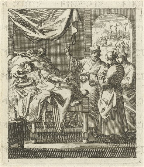Three people at a sickbed, behind the sick person Death appears, Jan Luyken, wed. Pieter Arentsz (II), 1689