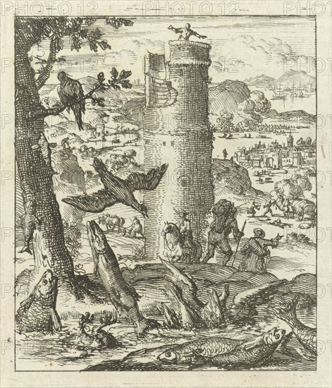 Fish gasping for air on dry land, in the background is a man on a high tower, Jan Luyken, wed. Pieter Arentsz (II), 1689