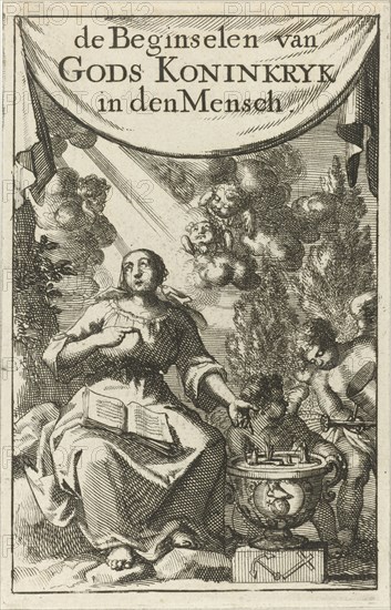 Seated woman pointing to a vase in which plants sprout, Jan Luyken, wed. Pieter Arentsz (II), 1689