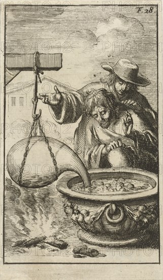 Two men attentively watching the bubbles caused by gases with water in a cooling vessel, Jan Luyken, Jacob Claus, 1688